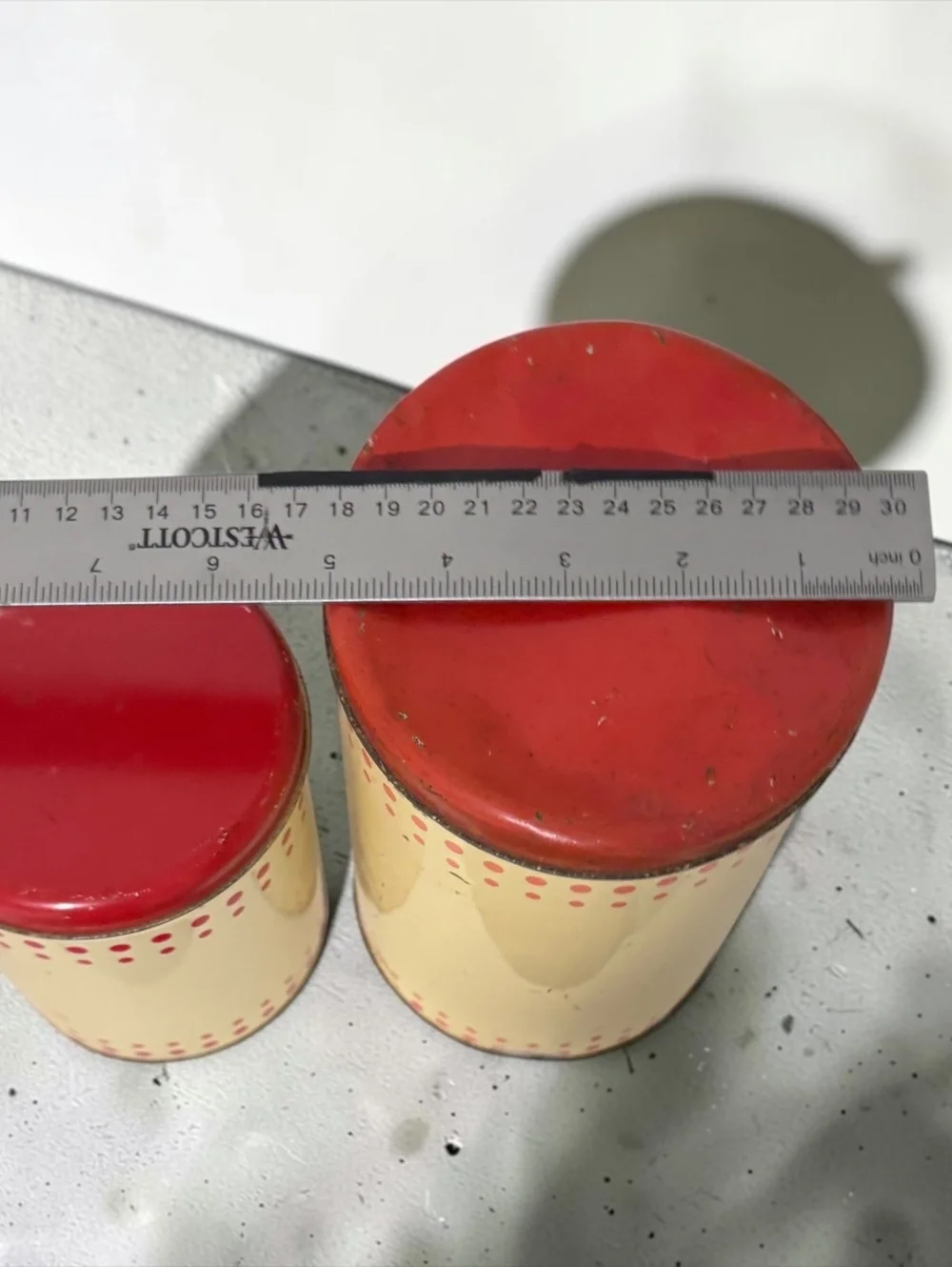 Vintage 1950s Tin Canister Set of 2 Cream Red Polka Dot Nesting Kitchen